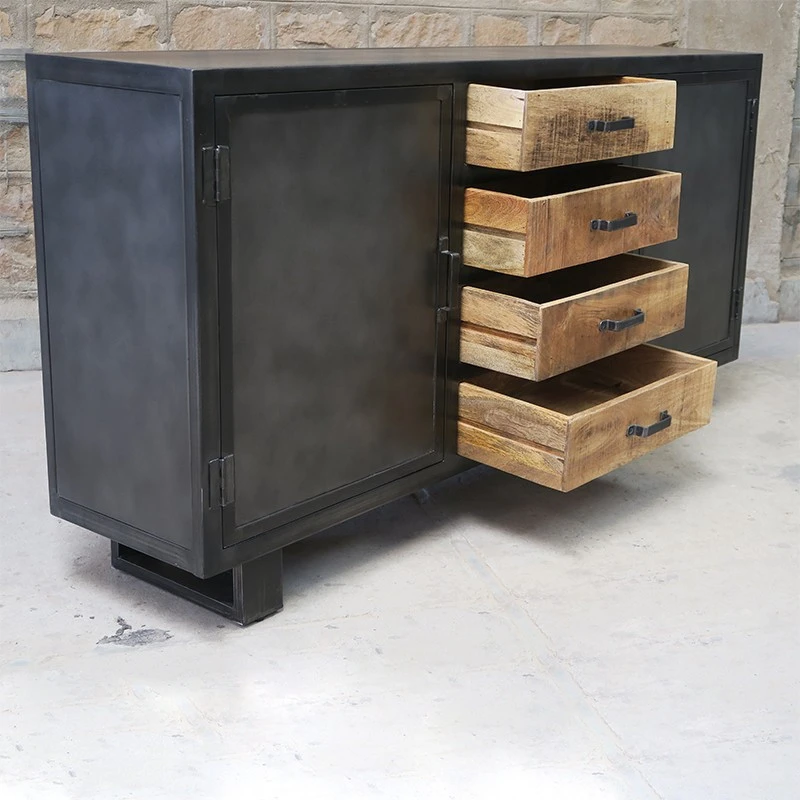 Buffet Métal Et Bois Jodhpur 2 Portes 4 Tiroirs 2 Buffet Métal Et Bois Jodhpur 2 Portes 4 Tiroirs – Image 2