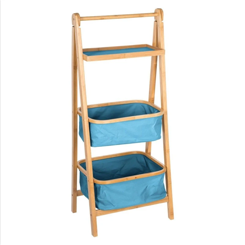 Colonne Pliante 2 Paniers Bleus Et 1 Plateau En Bambou 1 Colonne Pliante 2 Paniers Bleus Et 1 Plateau En Bambou