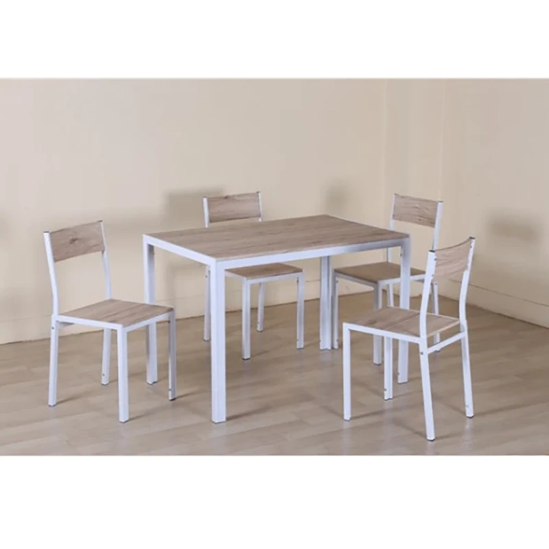 Ensemble Table + 4 Chaises Métal Blanc Et Effet Bois Clair 1 Ensemble Table + 4 Chaises Métal Blanc Et Effet Bois Clair
