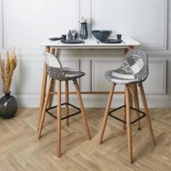 Tabouret De Bar Patchwork Gris Pieds Bois -ATMOSPHERA Soldes Boutique tabouret de bar patchwork gris pieds bois 4